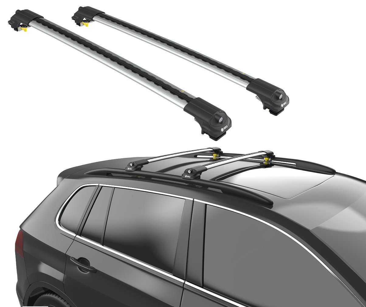 Střešní nosič příčníky Jeep Cherokee (KL) 2014-2023 s podélníky, stříbrné tyče